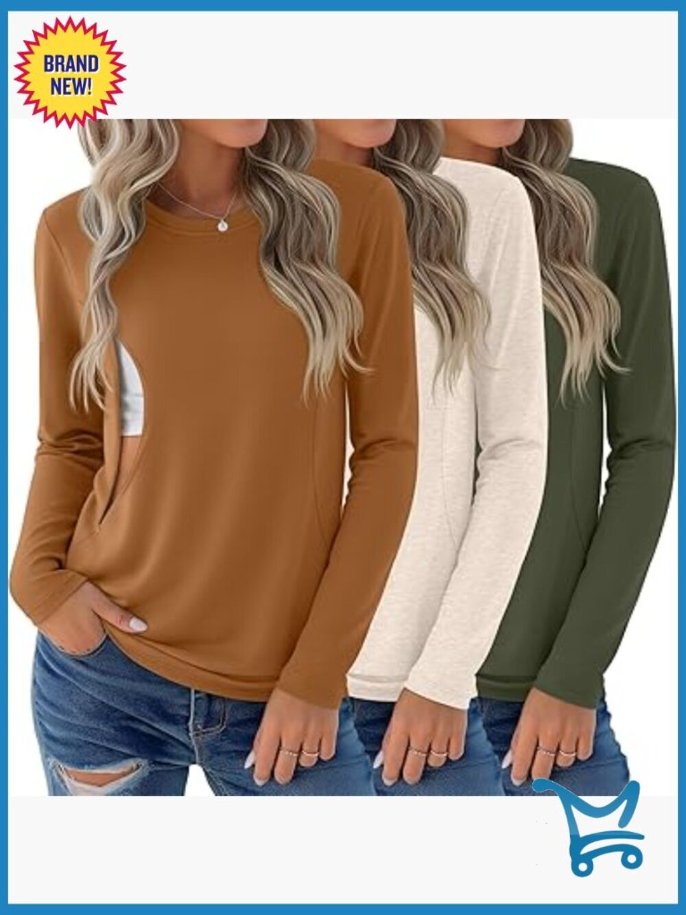 3 Pack Nursing Tops for Breastfeeding Zipper Long Sleeve Round Neck Knit